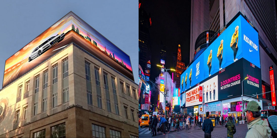 อาคารภายนอกโค้ง 3 มิติ บิลโด้จอใหญ่ วิดีโอ LED ภาพจอ P3.9 จอโฆษณาคงที่ จอแสดงออกภายนอก